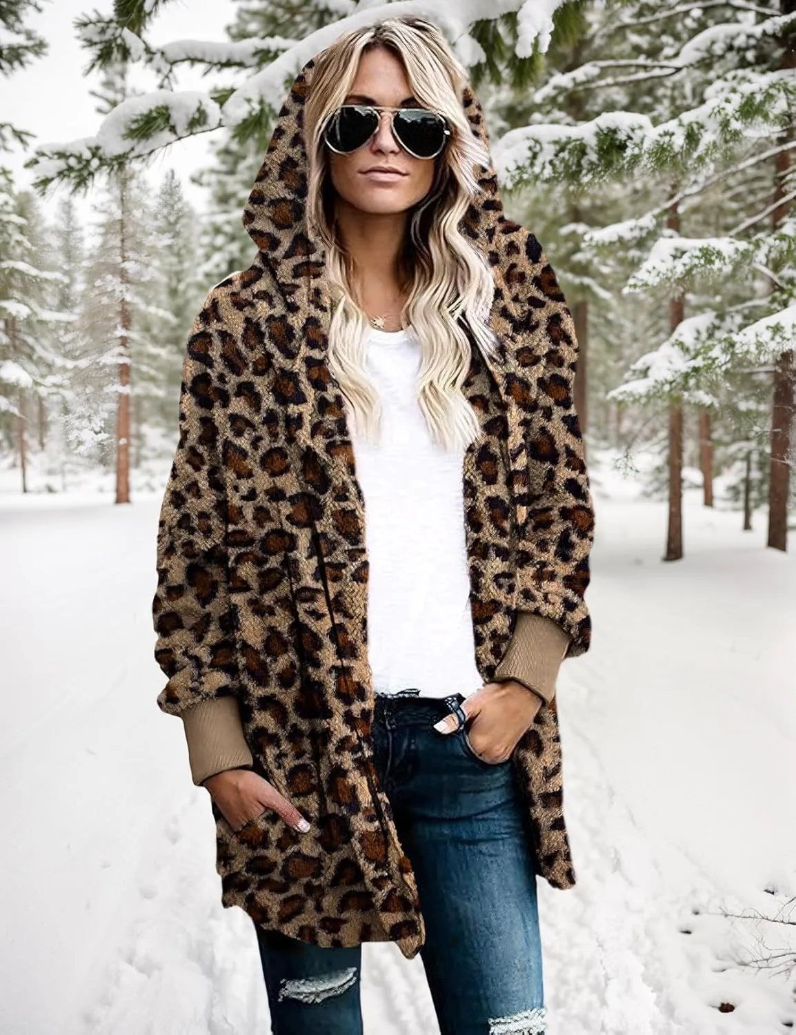 Zilcremo Women Hooded Cardigan Fuzzy Jacket Winter Open Front Fleece Coat Outwear with Pockets