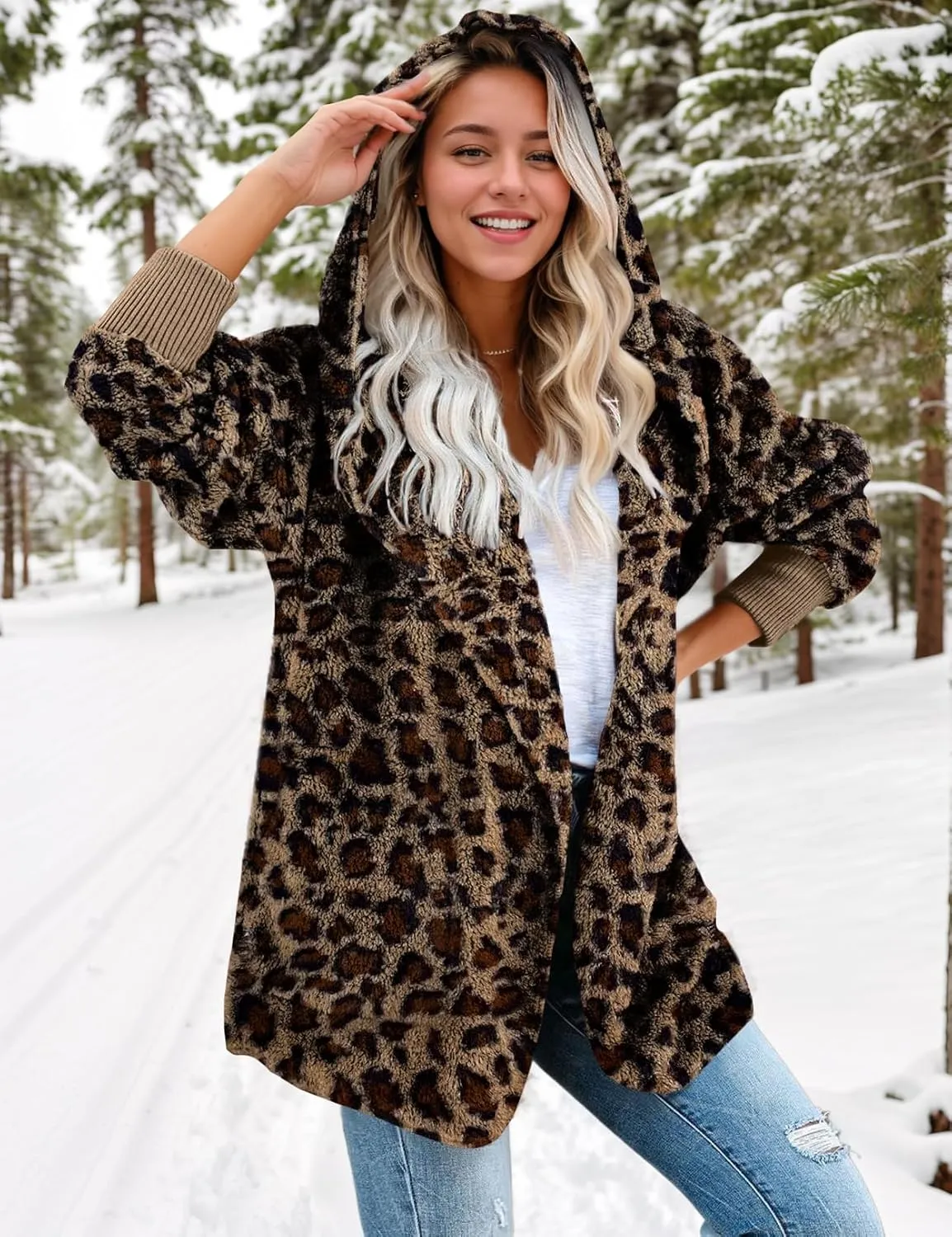 Zilcremo Women Hooded Cardigan Fuzzy Jacket Winter Open Front Fleece Coat Outwear with Pockets