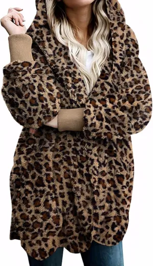 Zilcremo Women Hooded Cardigan Fuzzy Jacket Winter Open Front Fleece Coat Outwear with Pockets