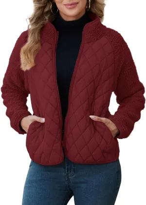 Zilcremo Women's Winter Quilted Jackets Patchwork Fuzzy Fleece Zip Up Jacket Long Sleeve Sherpa Coat Outerwear with Pockets