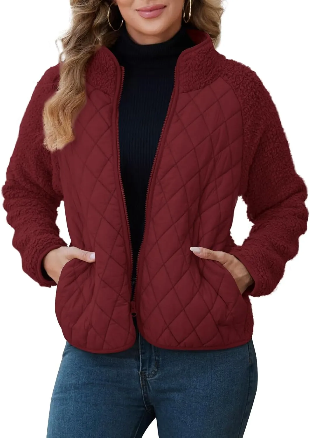 Zilcremo Women's Winter Quilted Jackets Patchwork Fuzzy Fleece Zip Up Jacket Long Sleeve Sherpa Coat Outerwear with Pockets