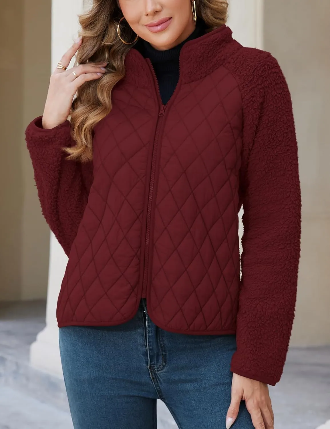 Zilcremo Women's Winter Quilted Jackets Patchwork Fuzzy Fleece Zip Up Jacket Long Sleeve Sherpa Coat Outerwear with Pockets
