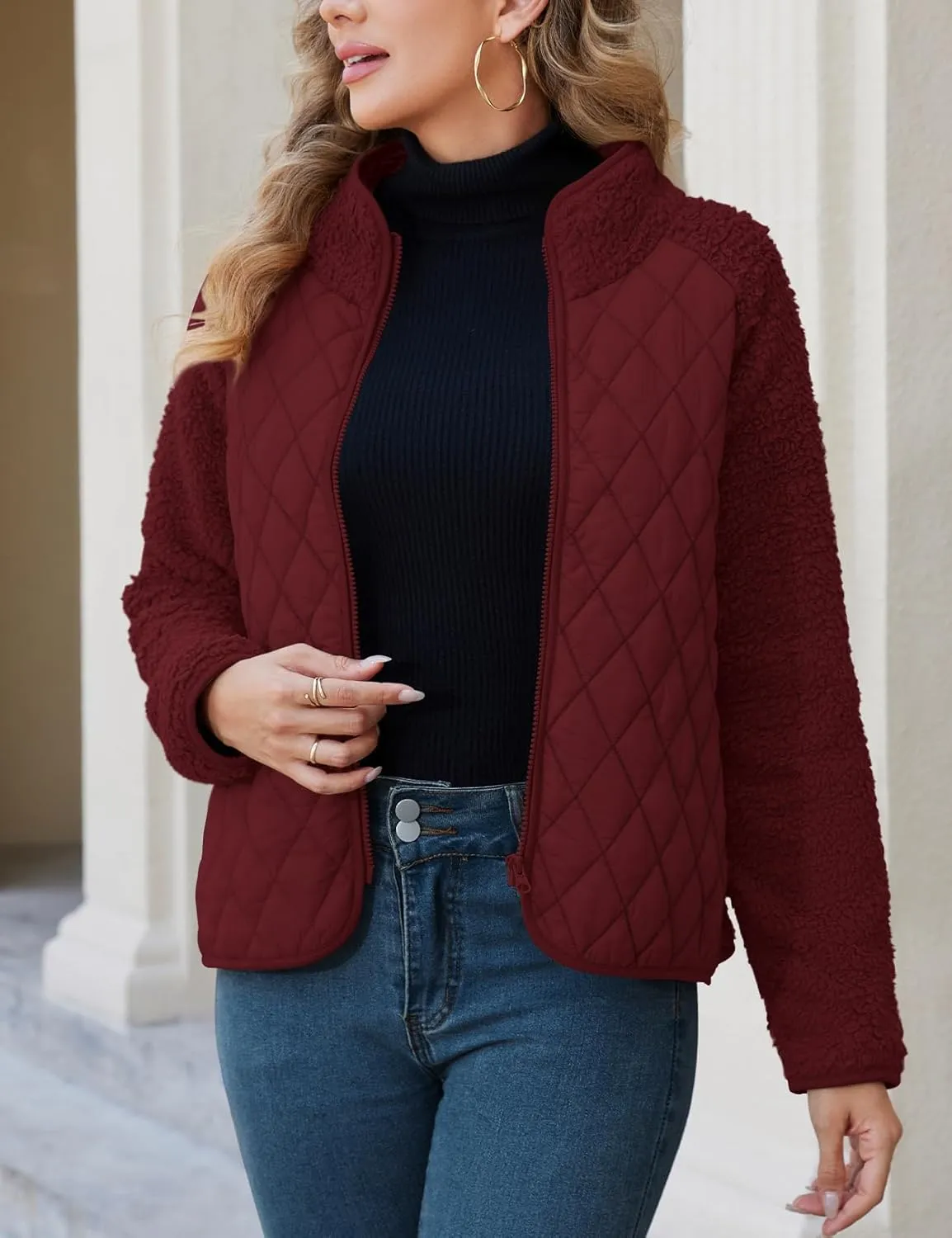 Zilcremo Women's Winter Quilted Jackets Patchwork Fuzzy Fleece Zip Up Jacket Long Sleeve Sherpa Coat Outerwear with Pockets
