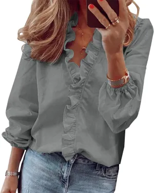 ZOCANIA Ruffled Tops for Women V Neck Ruffle Blouse Long Sleeve Ruffle Shirt Comfort Plus Size Long Sleeve Shirts for Women