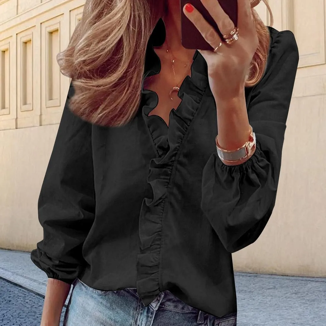 ZOCANIA Ruffled Tops for Women V Neck Ruffle Blouse Long Sleeve Ruffle Shirt Comfort Plus Size Long Sleeve Shirts for Women