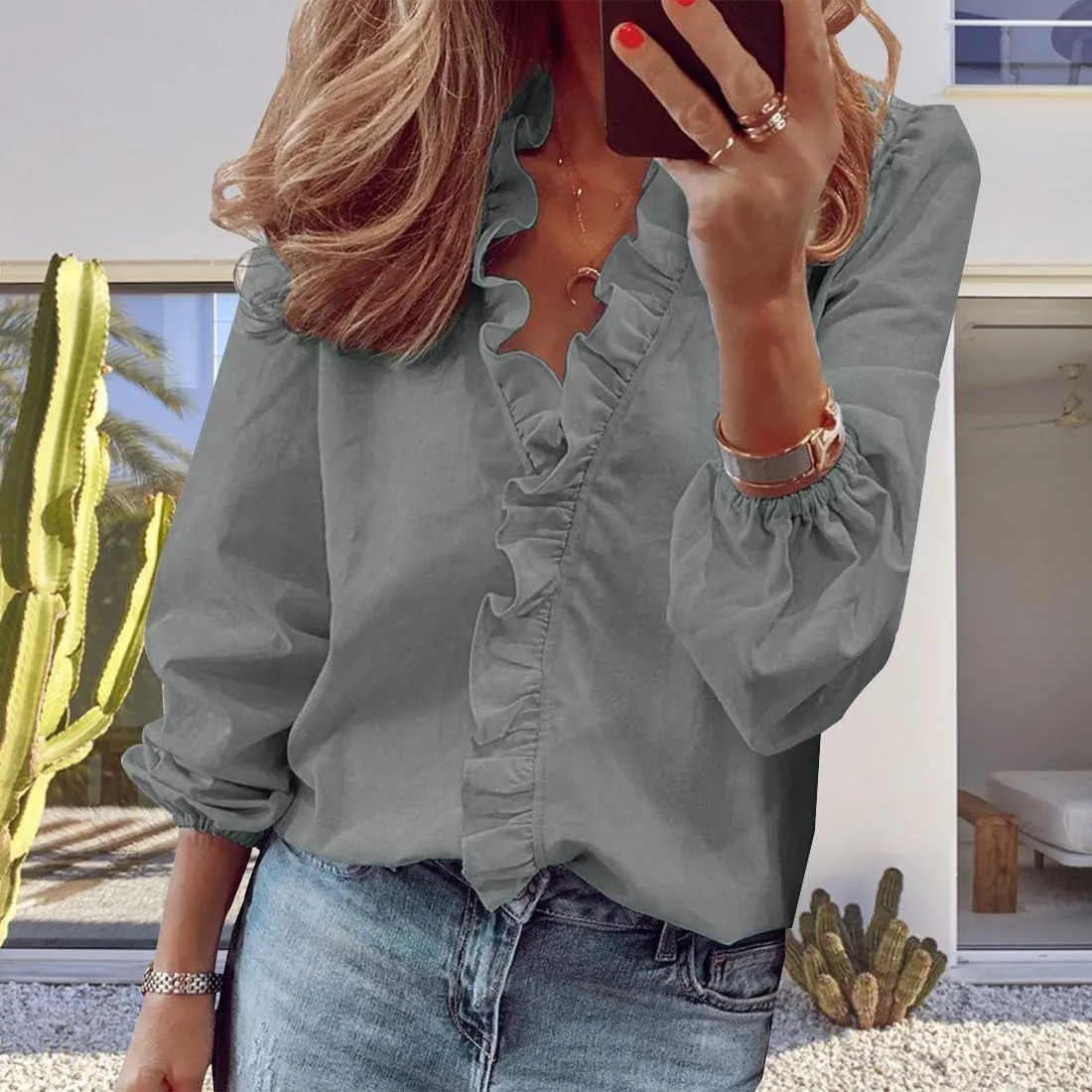 ZOCANIA Ruffled Tops for Women V Neck Ruffle Blouse Long Sleeve Ruffle Shirt Comfort Plus Size Long Sleeve Shirts for Women