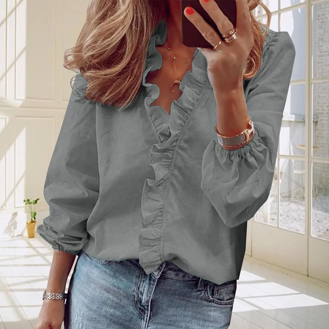 ZOCANIA Ruffled Tops for Women V Neck Ruffle Blouse Long Sleeve Ruffle Shirt Comfort Plus Size Long Sleeve Shirts for Women