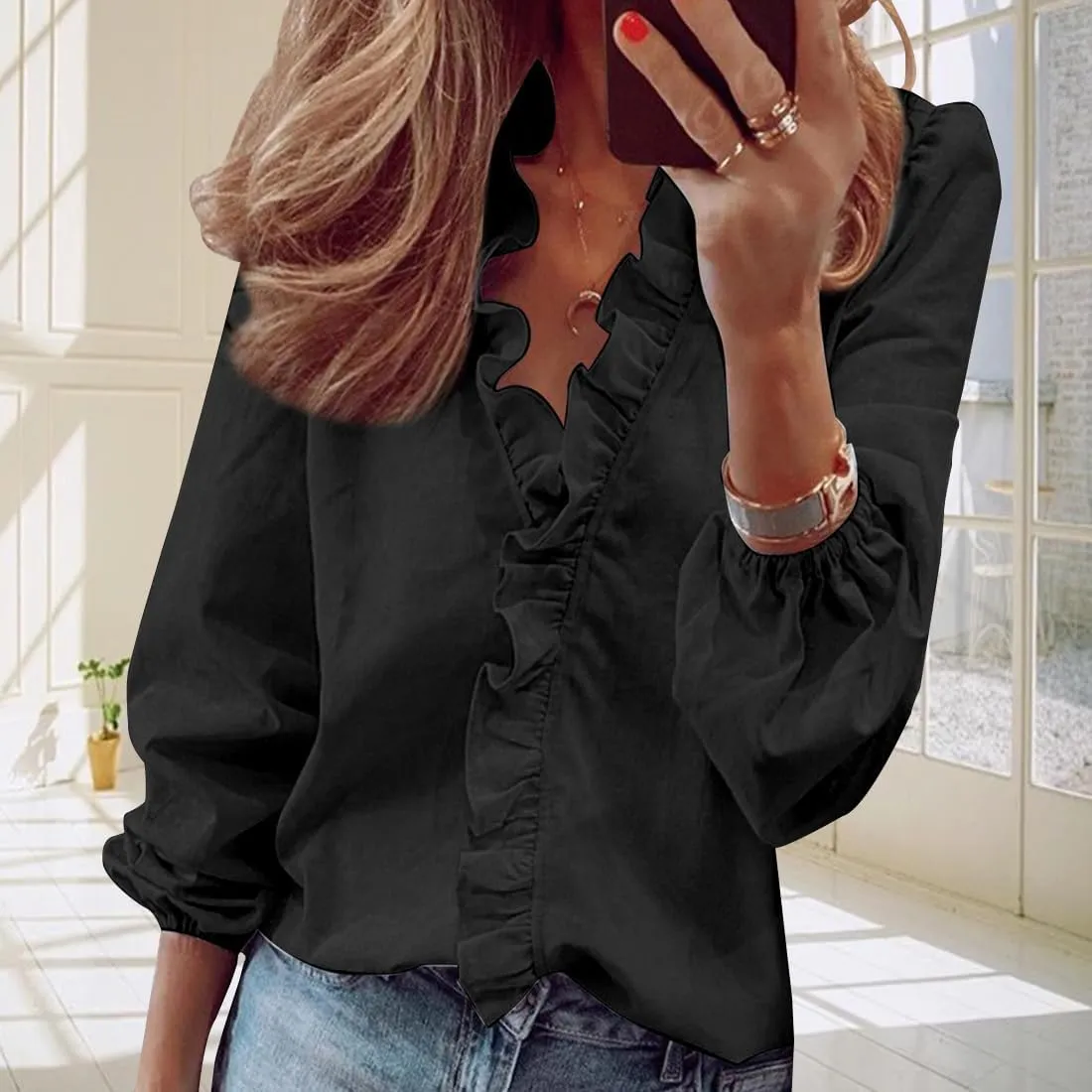 ZOCANIA Ruffled Tops for Women V Neck Ruffle Blouse Long Sleeve Ruffle Shirt Comfort Plus Size Long Sleeve Shirts for Women