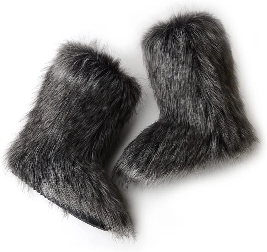 ZOSCGJMY Faux Fur Boots for Women Fuzzy Fluffy Furry Round Toe Suede Winter Snow Boots Flat Shoes