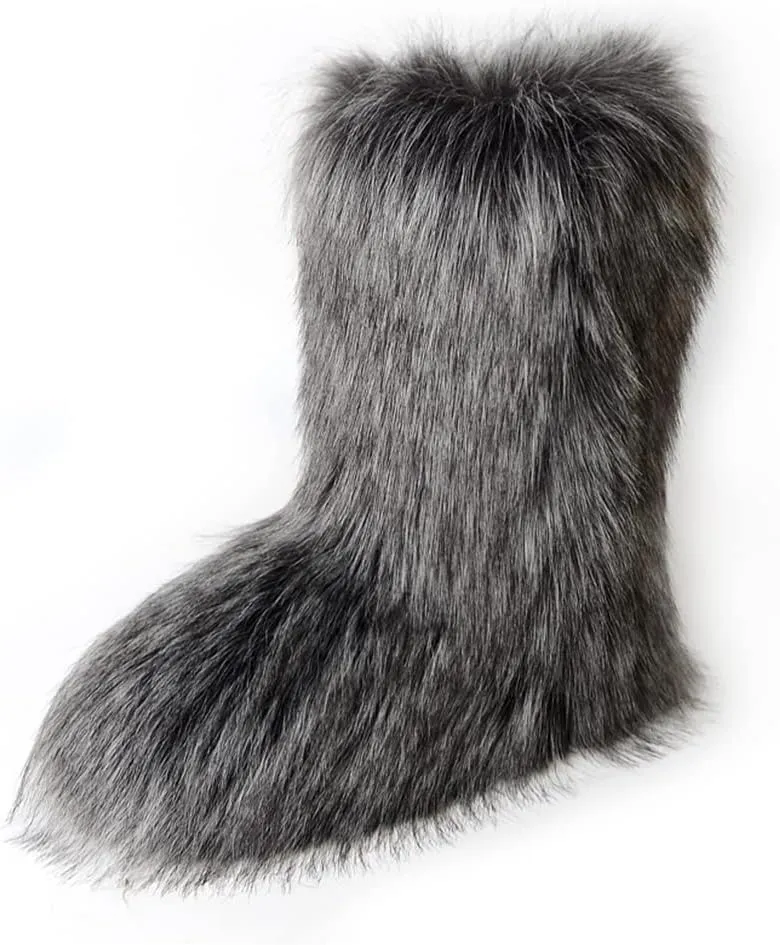 ZOSCGJMY Faux Fur Boots for Women Fuzzy Fluffy Furry Round Toe Suede Winter Snow Boots Flat Shoes