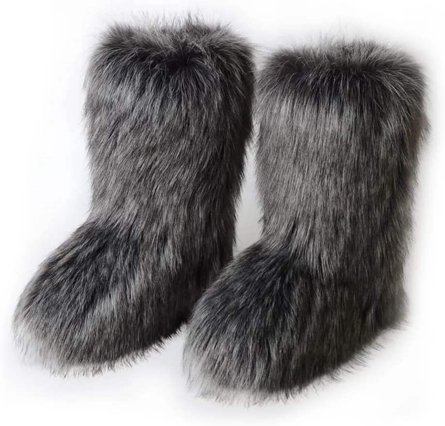 ZOSCGJMY Faux Fur Boots for Women Fuzzy Fluffy Furry Round Toe Suede Winter Snow Boots Flat Shoes