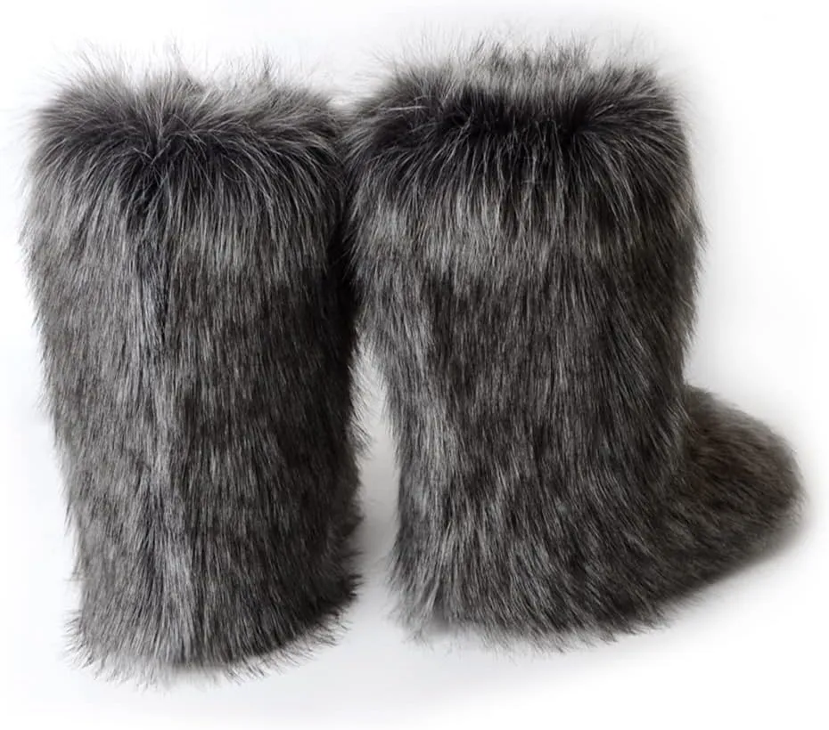 ZOSCGJMY Faux Fur Boots for Women Fuzzy Fluffy Furry Round Toe Suede Winter Snow Boots Flat Shoes