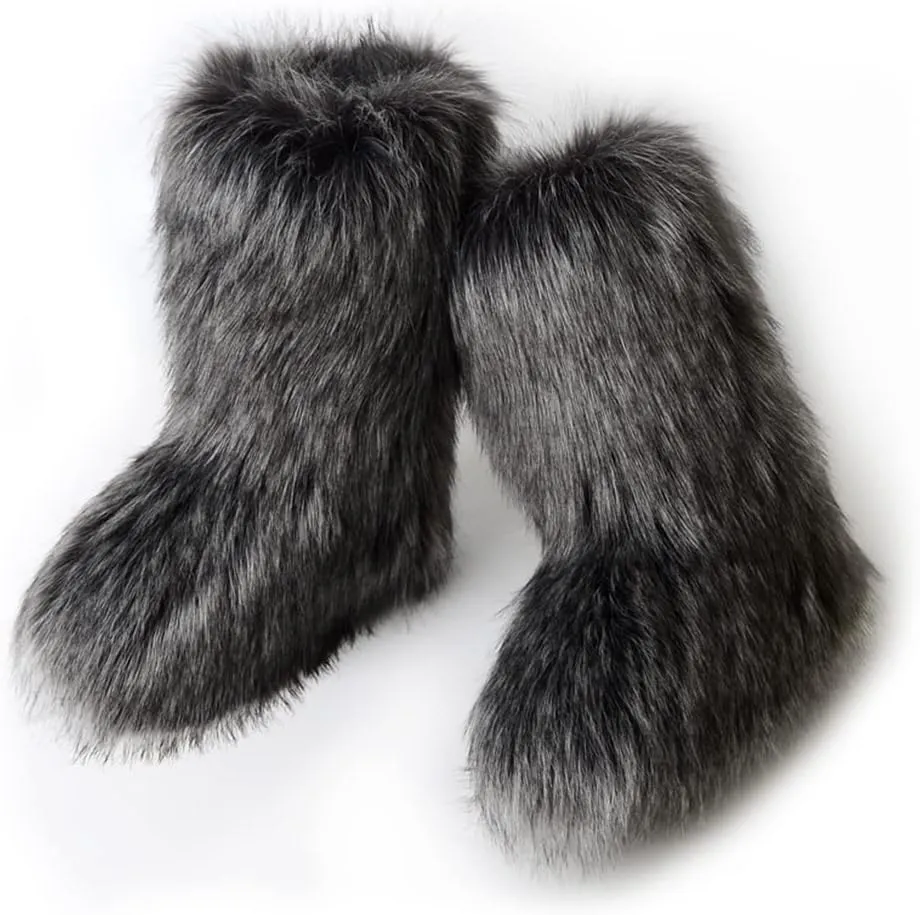 ZOSCGJMY Faux Fur Boots for Women Fuzzy Fluffy Furry Round Toe Suede Winter Snow Boots Flat Shoes