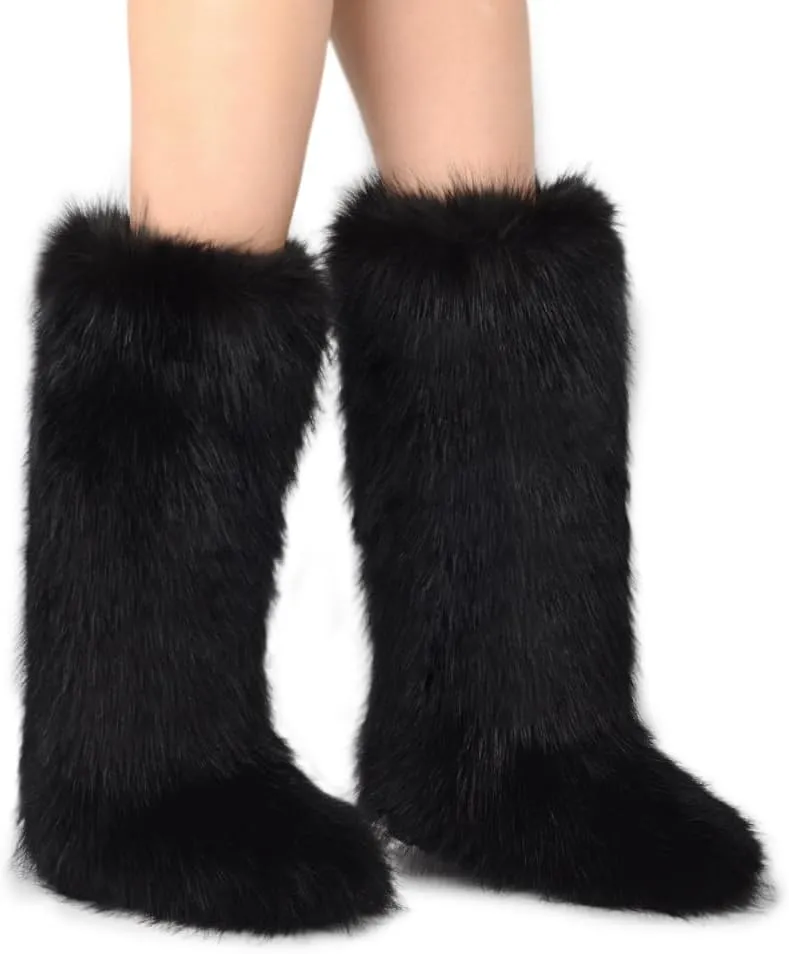 ZSGYCHCY Women's Faux Fur Boots Winter Fluffy Warm Furry Flat Shoes Snow Knee-High Boots
