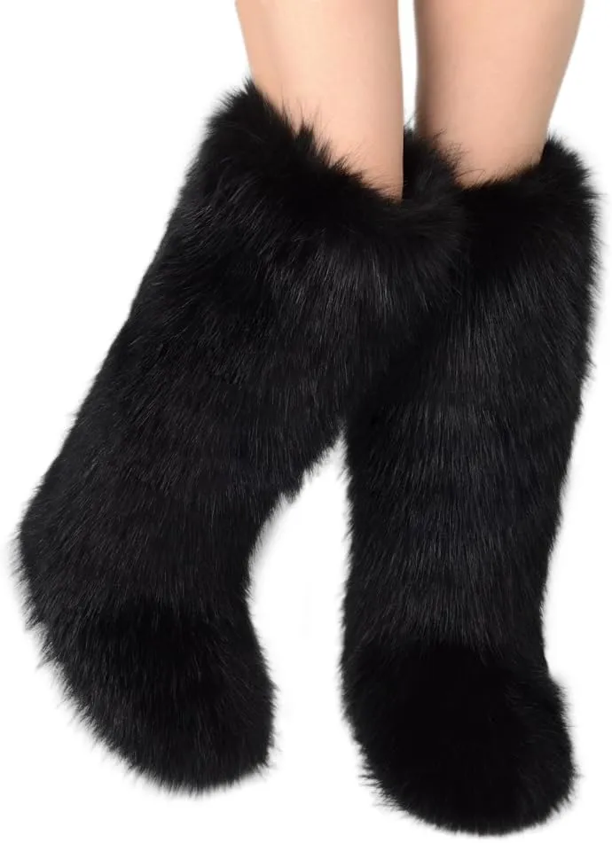 ZSGYCHCY Women's Faux Fur Boots Winter Fluffy Warm Furry Flat Shoes Snow Knee-High Boots