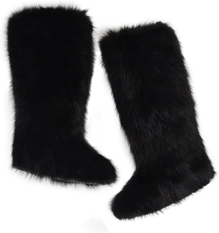 ZSGYCHCY Women's Faux Fur Boots Winter Fluffy Warm Furry Flat Shoes Snow Knee-High Boots