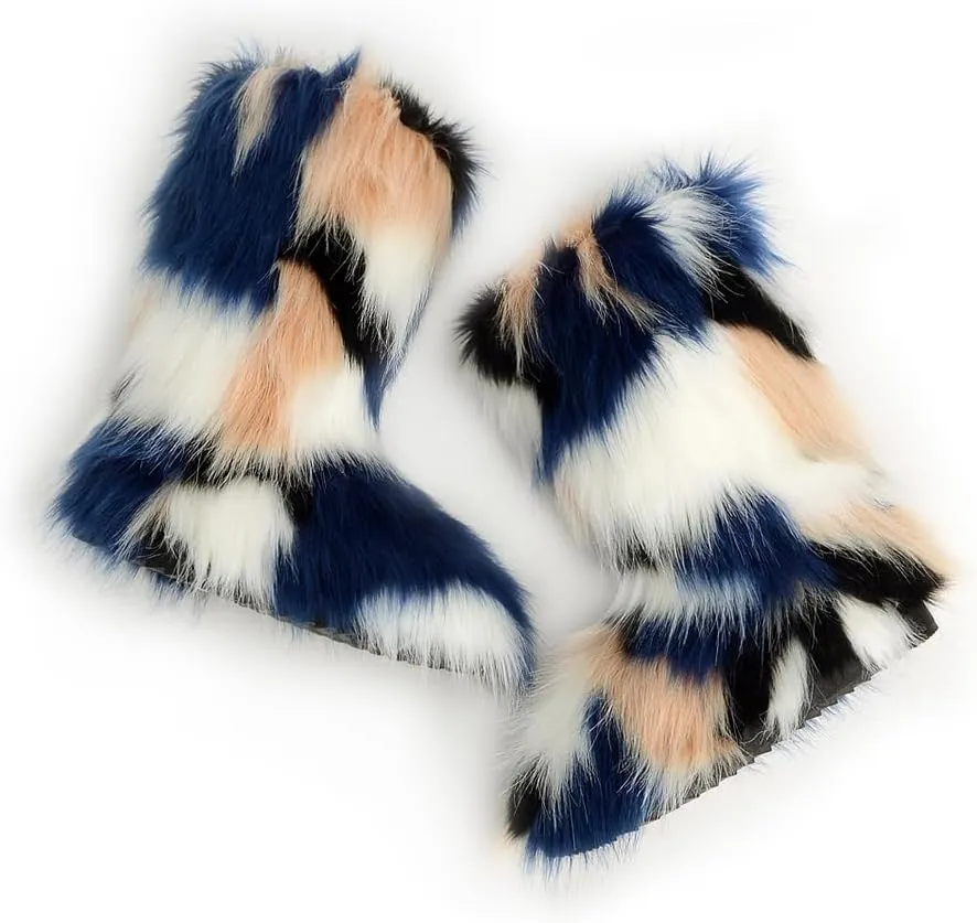 ZSGYCHCY Women's Faux Fur Boots Winter Fuzzy Fluffy Warm Furry Snow Boots Flat Shoes