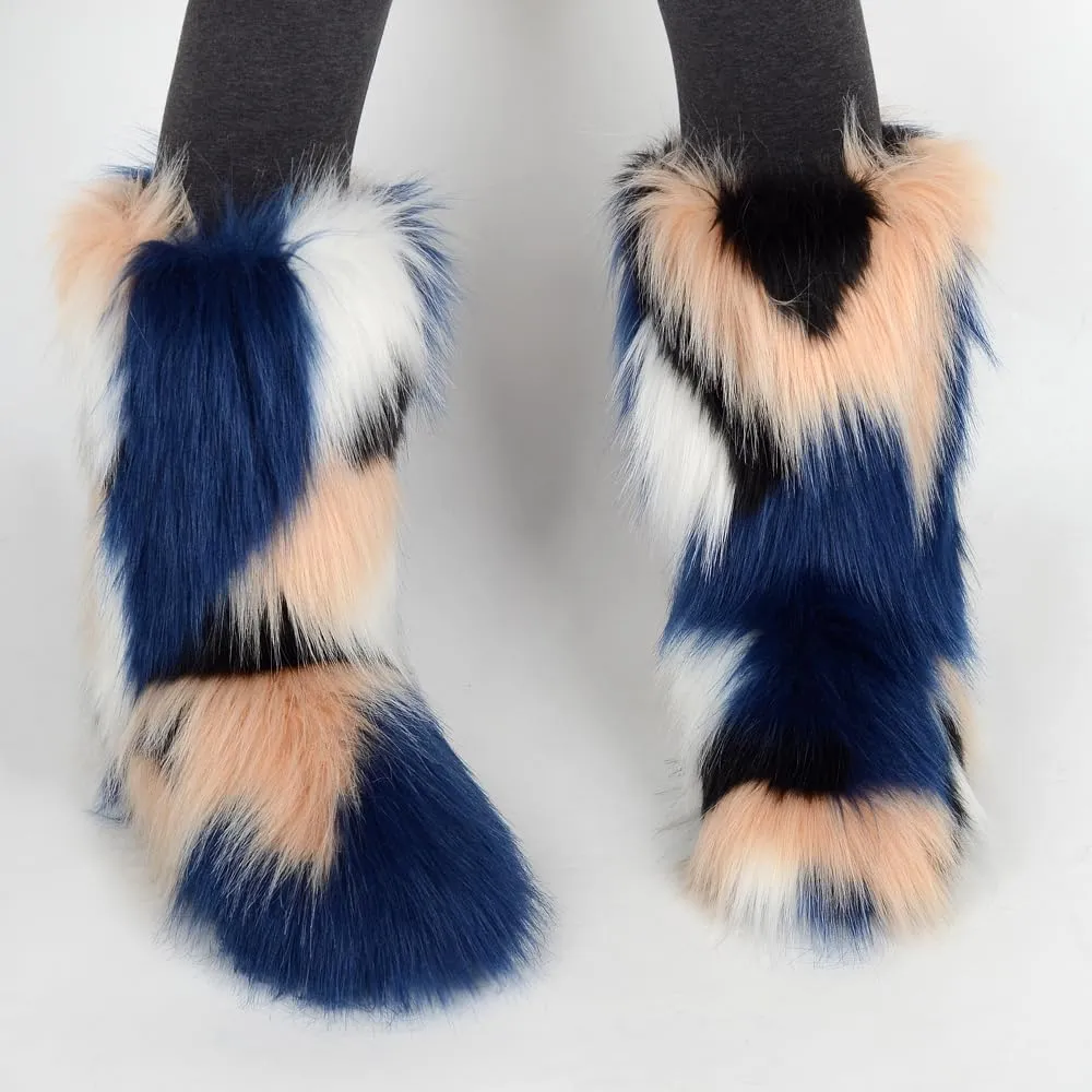 ZSGYCHCY Women's Faux Fur Boots Winter Fuzzy Fluffy Warm Furry Snow Boots Flat Shoes