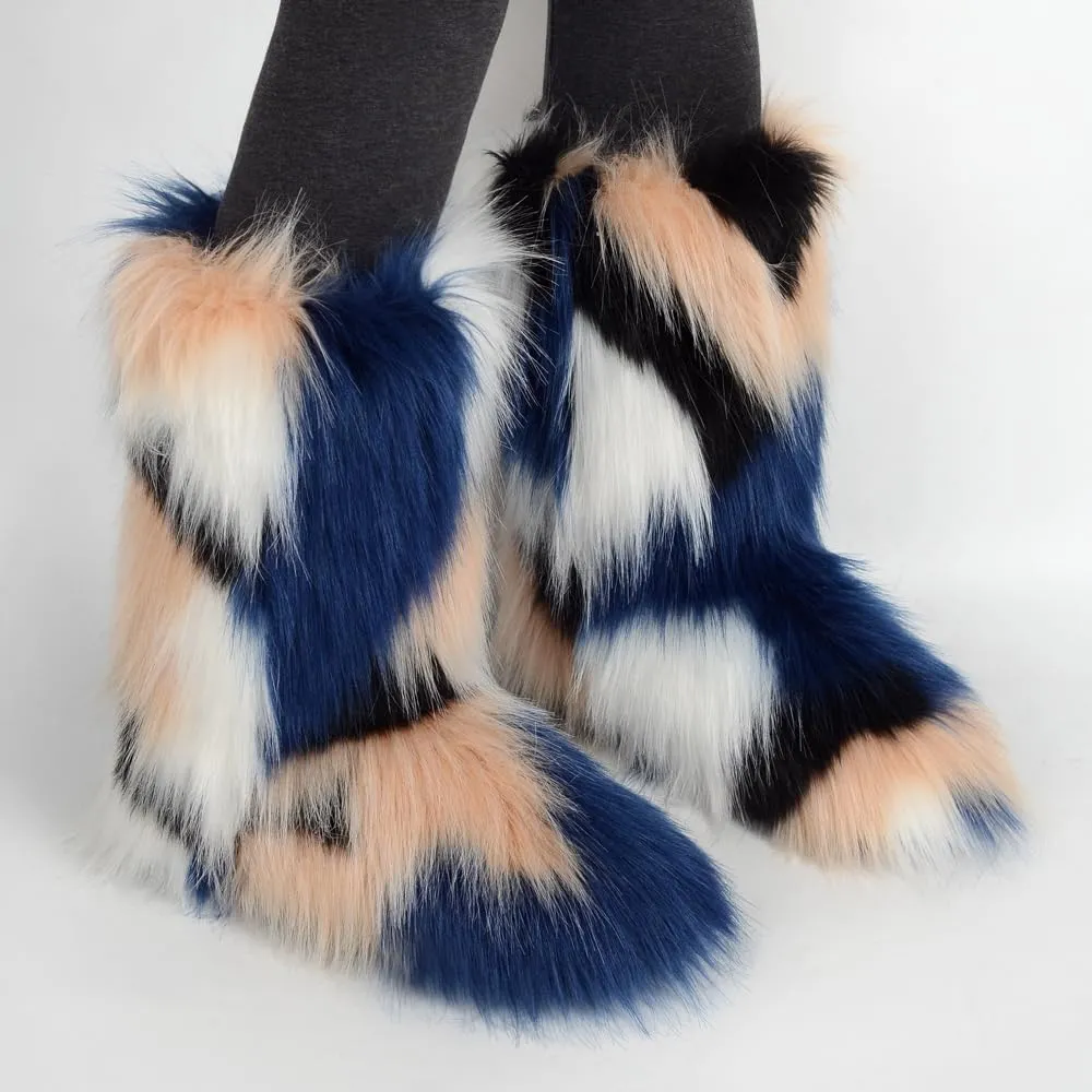 ZSGYCHCY Women's Faux Fur Boots Winter Fuzzy Fluffy Warm Furry Snow Boots Flat Shoes