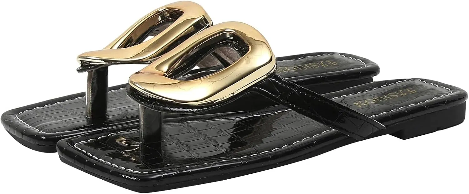 ZSpzx Flat Sandals for Women 2025,Summer Square Open Toe Dressy Sandals Ladies Slipper Slip On Slides Metal Chain Slippers Comfortable Leather Thong Flip Flops Beach Casual Slingback Slide Shoes