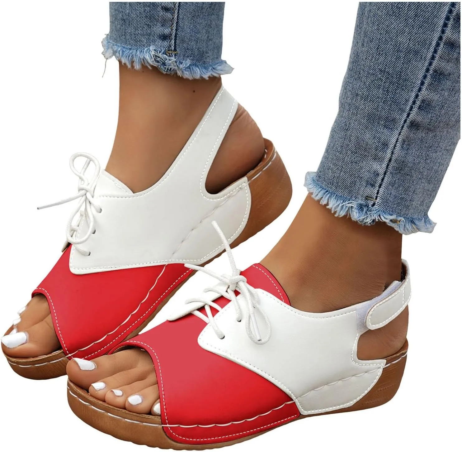 ZSpzx Wedge Sandals For Women 2025,Comfortable Dressy Summer Orthopedic Low Heel Comfortable Lace Up Slides Retro Soft Soled Walking Arch support Casual Non Slip-on Shoes for Daily Wear