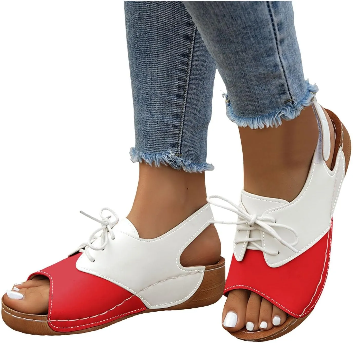 ZSpzx Wedge Sandals For Women 2025,Comfortable Dressy Summer Orthopedic Low Heel Comfortable Lace Up Slides Retro Soft Soled Walking Arch support Casual Non Slip-on Shoes for Daily Wear