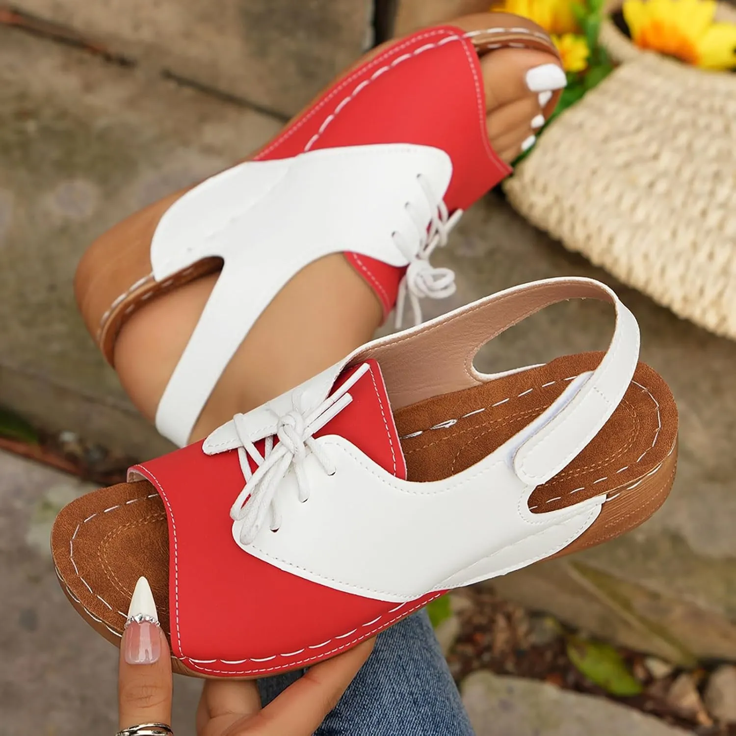 ZSpzx Wedge Sandals For Women 2025,Comfortable Dressy Summer Orthopedic Low Heel Comfortable Lace Up Slides Retro Soft Soled Walking Arch support Casual Non Slip-on Shoes for Daily Wear