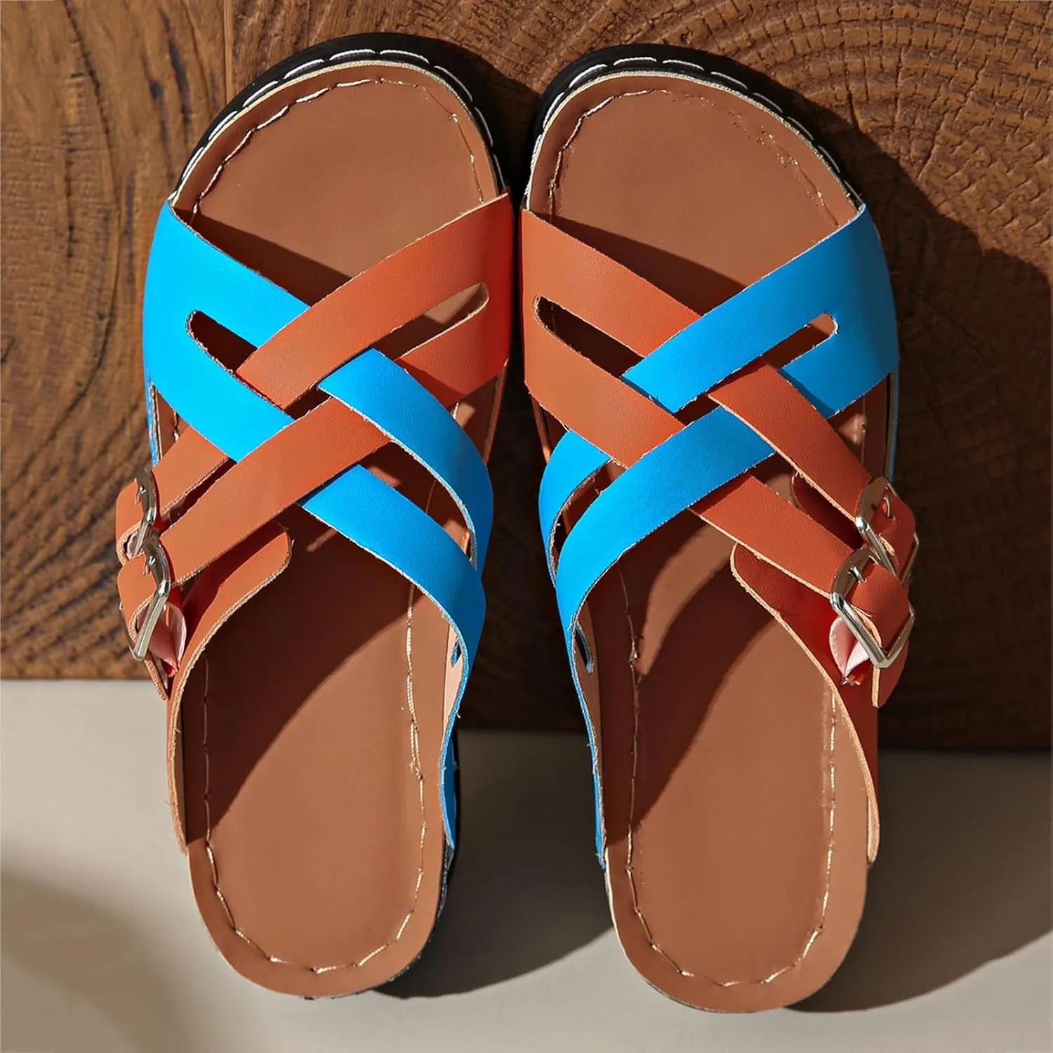 ZSpzx Women's Slip On Sandals Open Toe Two Adjustable X-Strap Flat Sandal Ladies Low Wedges Heel Orthopedic Slides Cushion Footbed Casual Slippers Non-Slip Beach Shoes for Outdoor Indoor Daily Wear