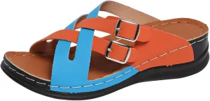 ZSpzx Women's Slip On Sandals Open Toe Two Adjustable X-Strap Flat Sandal Ladies Low Wedges Heel Orthopedic Slides Cushion Footbed Casual Slippers Non-Slip Beach Shoes for Outdoor Indoor Daily Wear