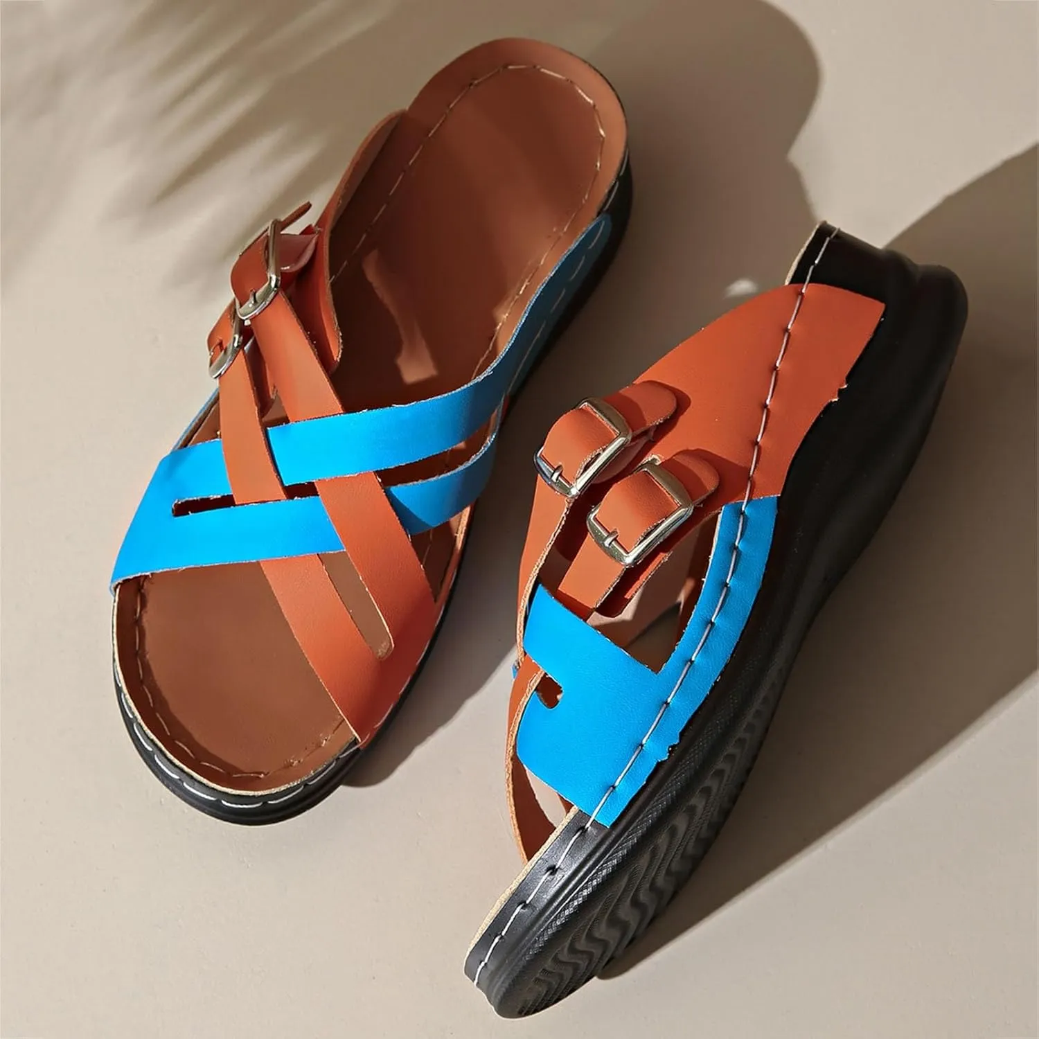 ZSpzx Women's Slip On Sandals Open Toe Two Adjustable X-Strap Flat Sandal Ladies Low Wedges Heel Orthopedic Slides Cushion Footbed Casual Slippers Non-Slip Beach Shoes for Outdoor Indoor Daily Wear