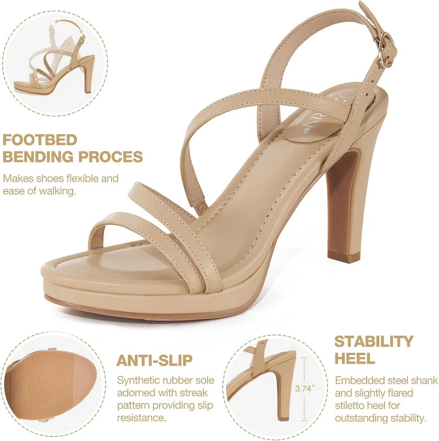 ZURIN Women's Strappy Heels Open Toe High Heeled Sandals Platform Stiletto Dress Sandals Comfortable Dressy Shoes for Summer Bridal Party Prom