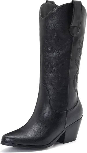 ZXHYZLZ Western Cowboy Boots for Women - Mid Calf Embroidered Cowgirl Boots, Slip On Pointed Toe Chunky Heel Fashion Retro Classic Boots