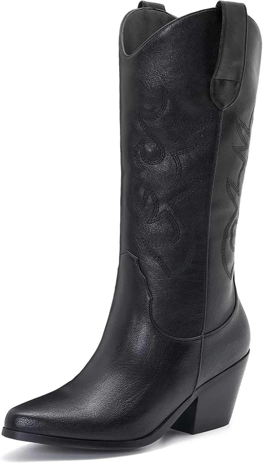 ZXHYZLZ Western Cowboy Boots for Women - Mid Calf Embroidered Cowgirl Boots, Slip On Pointed Toe Chunky Heel Fashion Retro Classic Boots